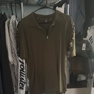 Olive Green Zip Polo Shirt with Camo Accents